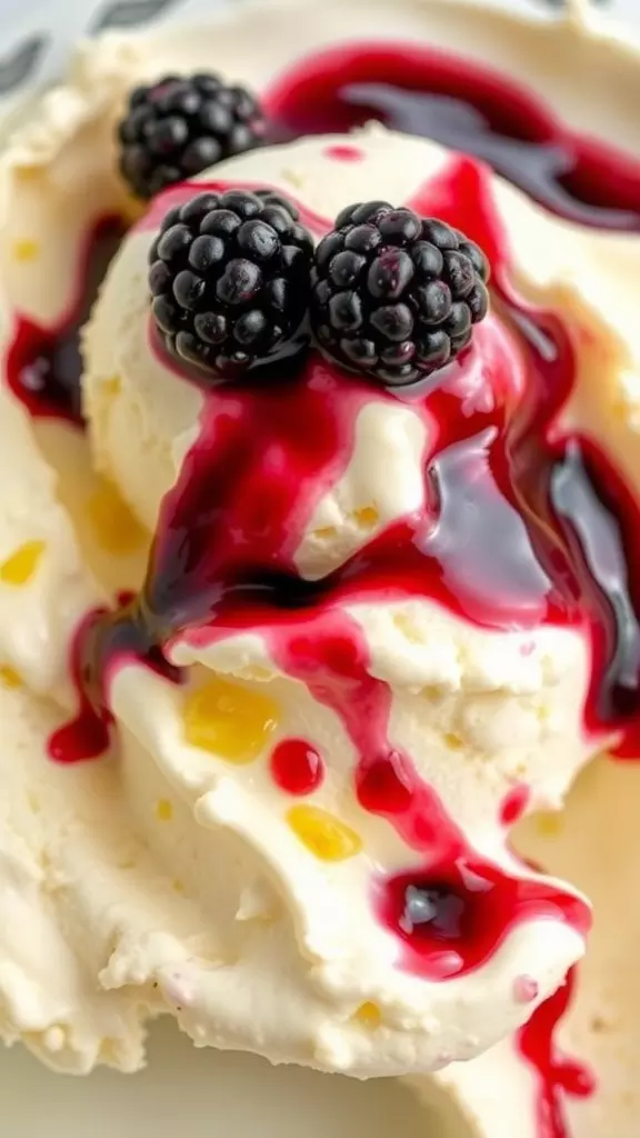 A close-up of blackberry and lemon ice cream drizzled with berry sauce.