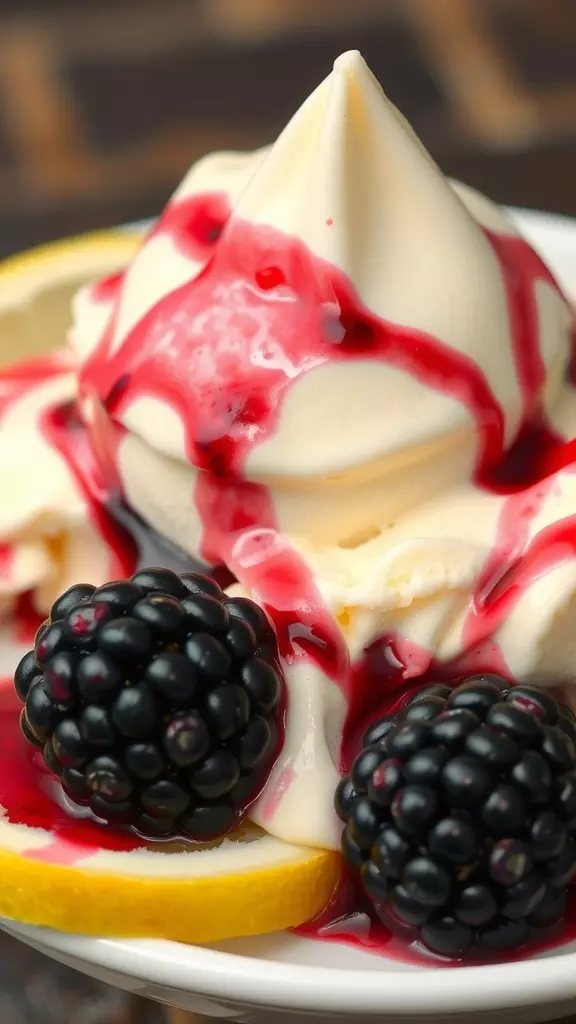 A close-up of blackberry and lemon ice cream topped with a raspberry sauce and fresh blackberries.