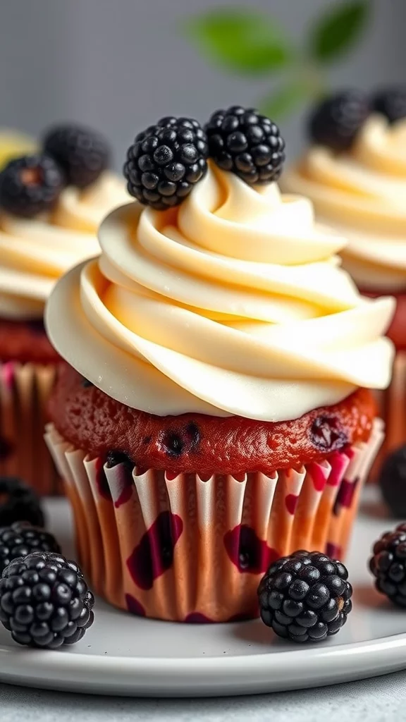 Close-up of blackberry lemon cupcakes with frosting and fresh blackberries on top.