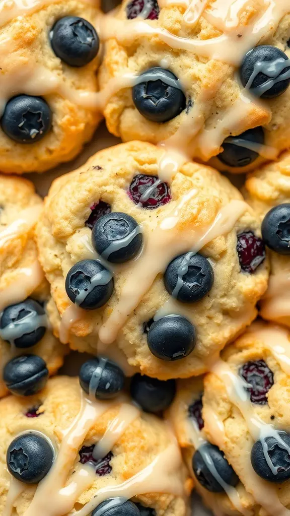 Close-up of blueberry biscuits drizzled with lemon glaze.