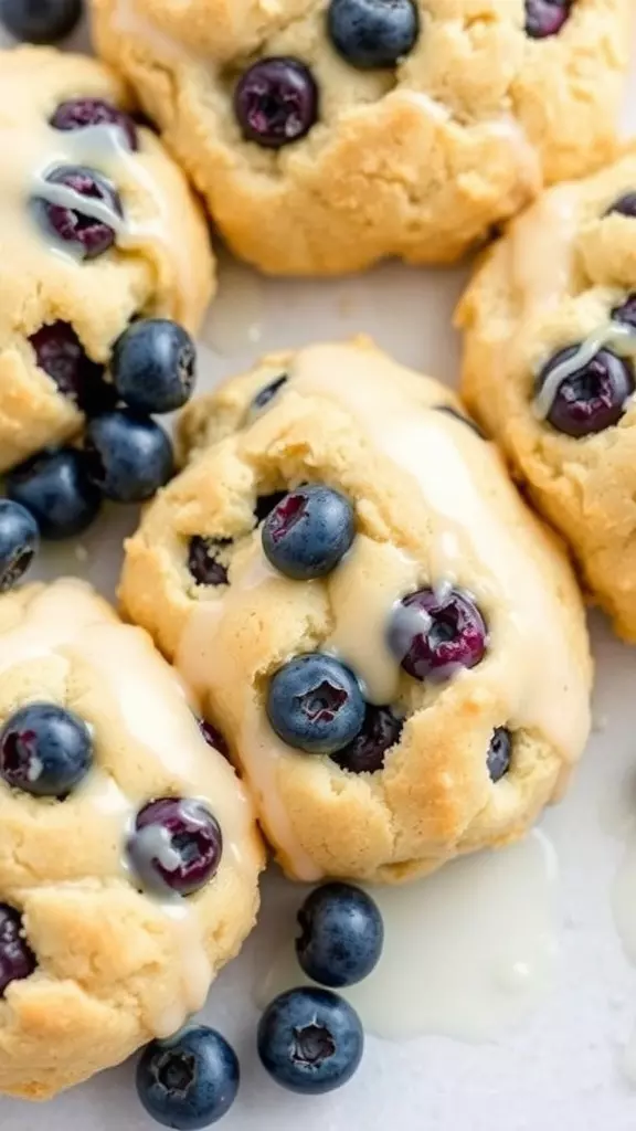 Blueberry biscuits drizzled with lemon glaze, surrounded by fresh blueberries.