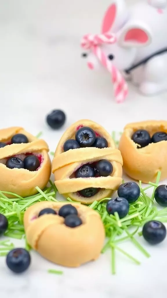 Blueberry Bounty Easter Eggs decorated with fresh blueberries and a playful bunny decoration.