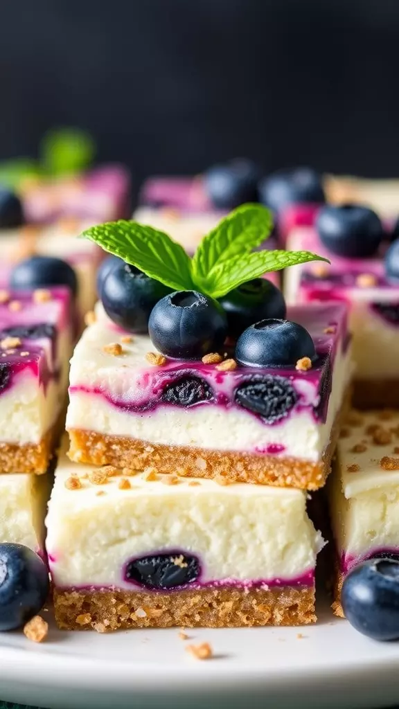 Delicious blueberry cheesecake bars with fresh blueberries on top.