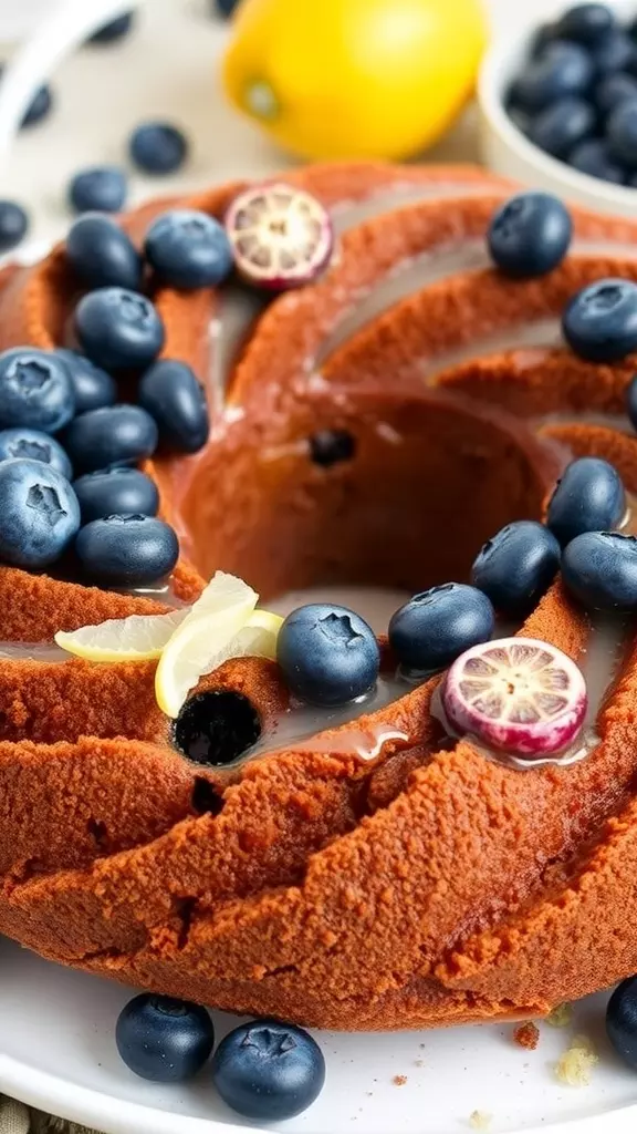 A beautifully decorated blueberry lemon pound cake with fresh blueberries and lemon slices on top.