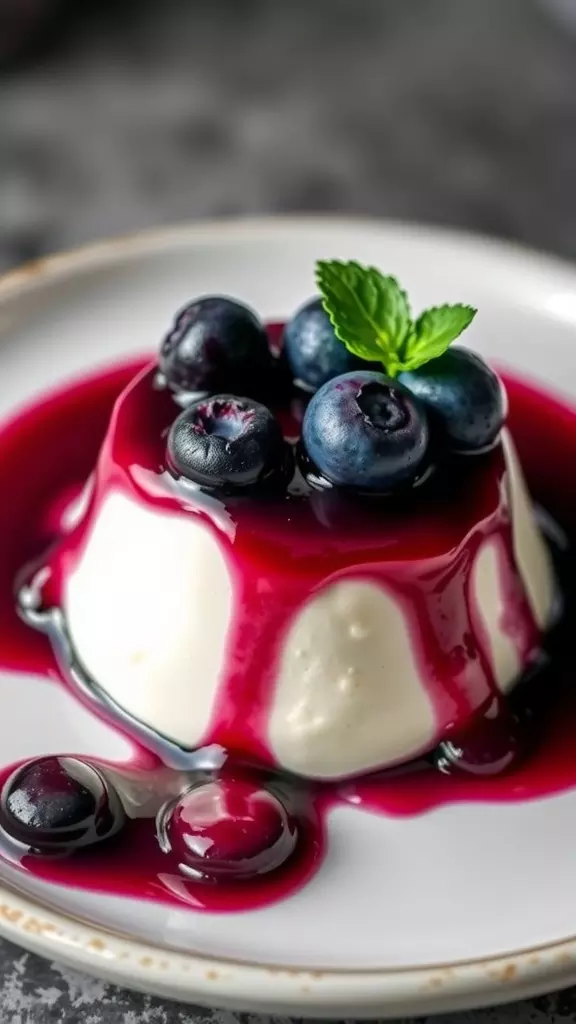 A delicious blueberry panna cotta topped with fresh blueberries and a berry sauce.