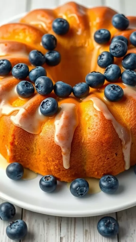 Blueberry pound cake with blueberries on top and a glaze