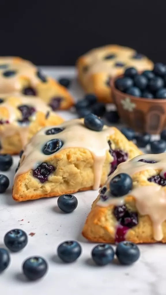 Freshly baked blueberry scones drizzled with glaze and scattered blueberries