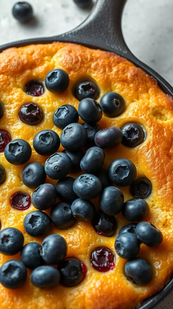 Close-up of a blueberry skillet cake topped with fresh blueberries.