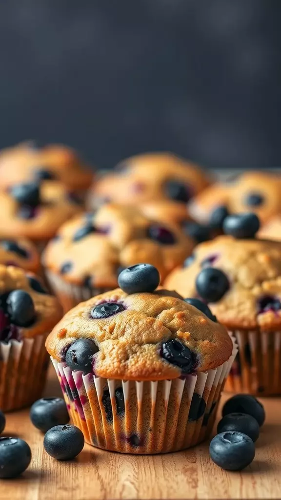 Freshly baked blueberry zucchini muffins on a wooden surface.