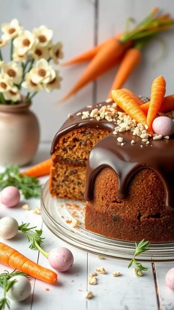 A delicious Brazilian carrot cake topped with chocolate glaze and decorated with carrots and pastel eggs.