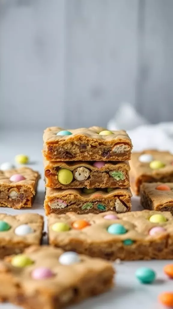 Brown Butter Easter Cookie Bars stacked with colorful candies on top