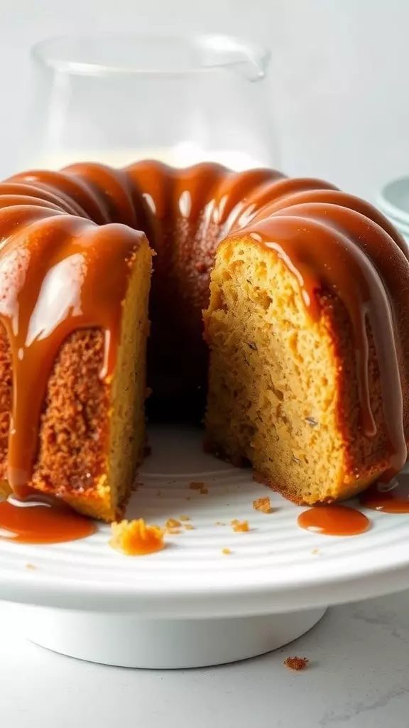 A delicious brown sugar pound cake with caramel drizzle on a white plate.