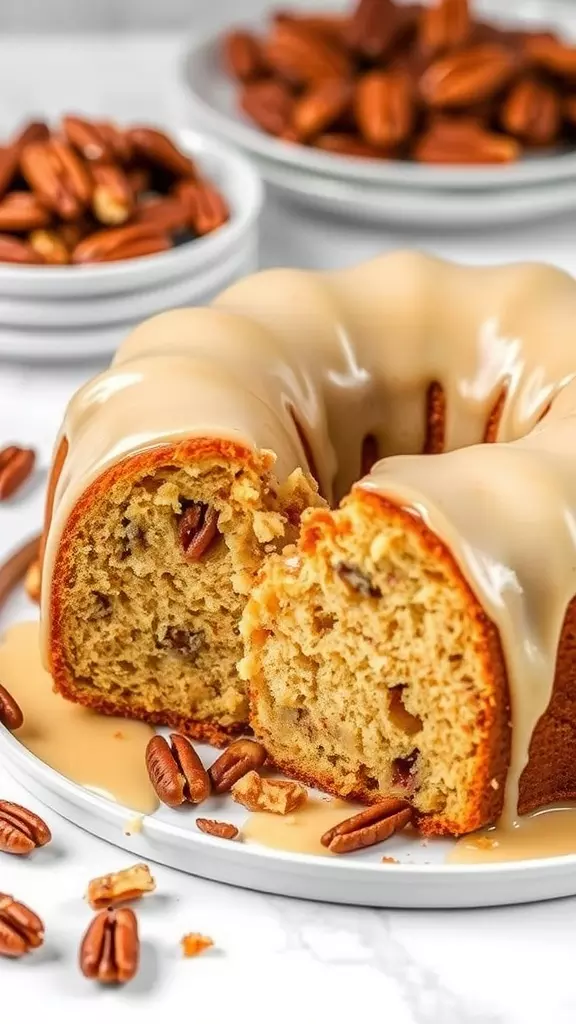 A slice of butter pecan pound cake with a drizzle of glaze and pecans.