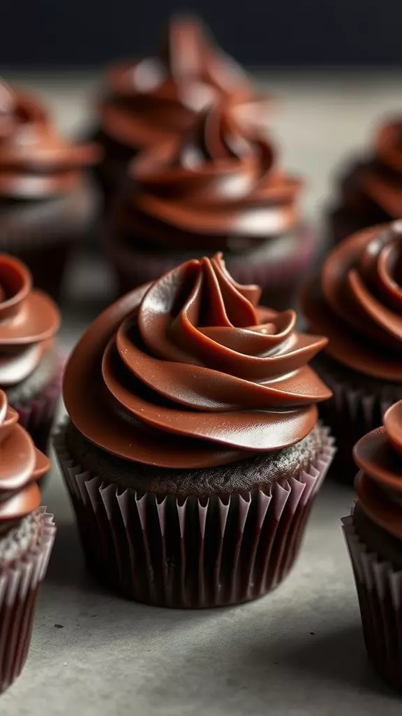 Close-up of chocolate cupcakes with whipped ganache frosting