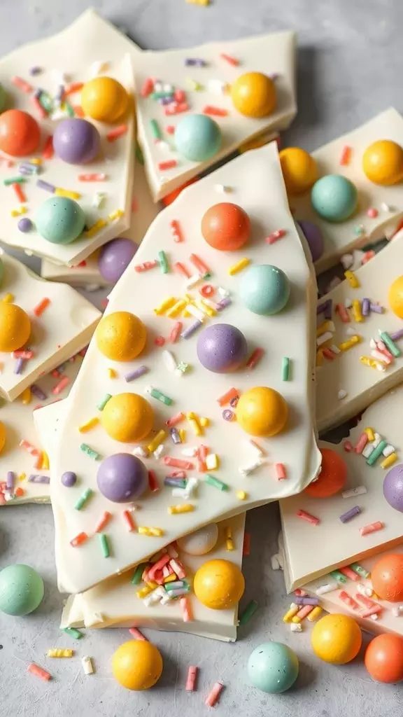 Delicious Cadbury Mini Eggs Candy Bark decorated with colorful sprinkles and mini candy eggs.