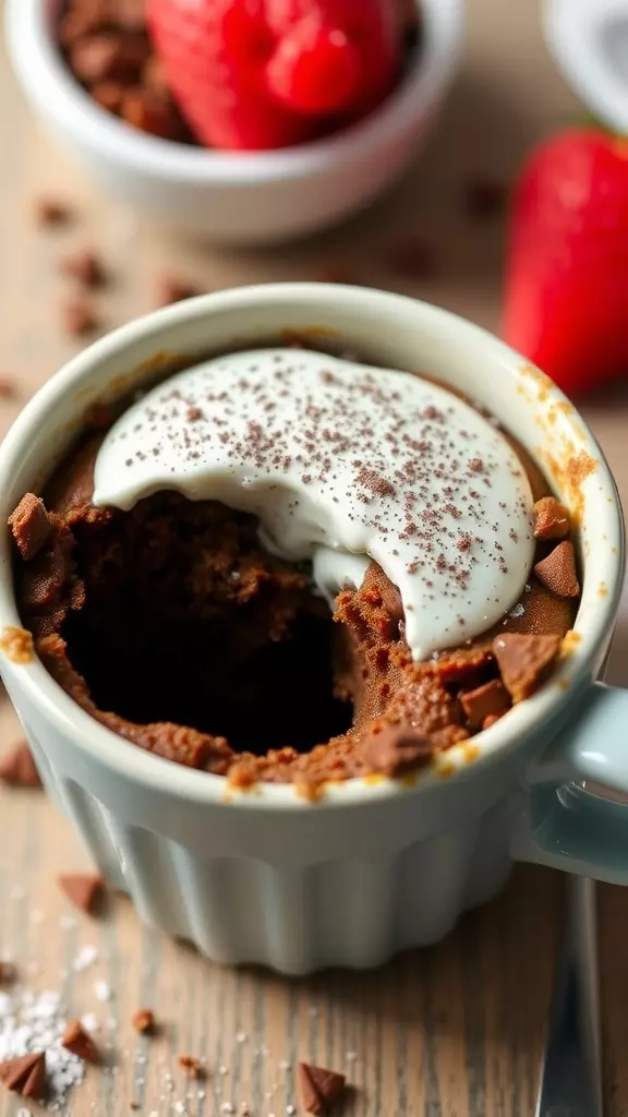 A delicious mug cake topped with frosting and chocolate chips.