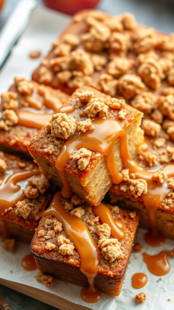 Delicious caramel apple crumb cakes drizzled with caramel sauce