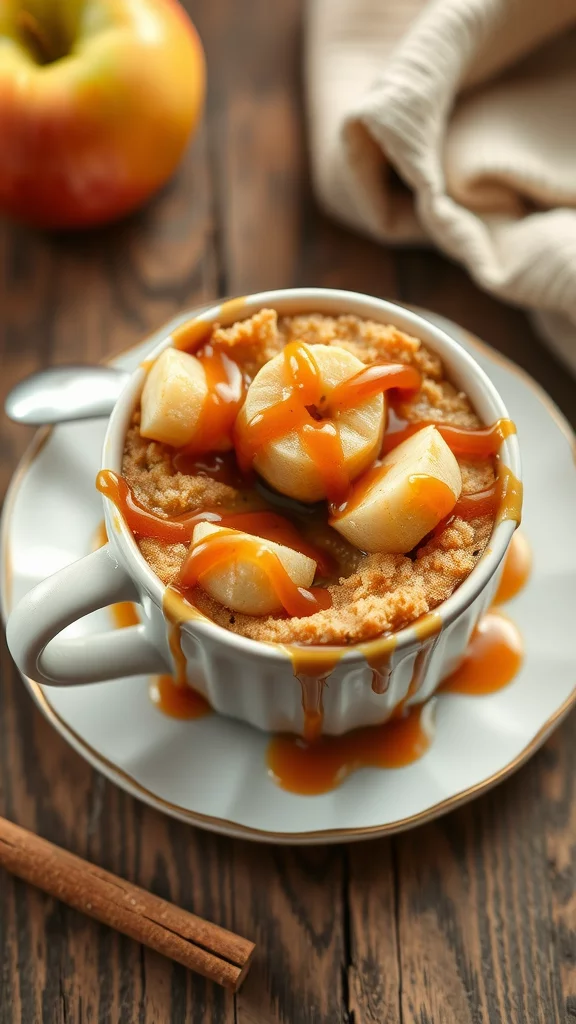 A delicious caramel apple mug cake topped with caramel sauce and spices.