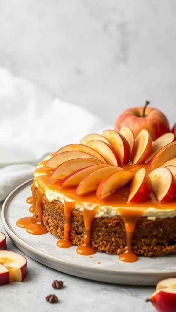 A delicious caramel apple no bake cheesecake topped with apple slices and caramel drizzle.