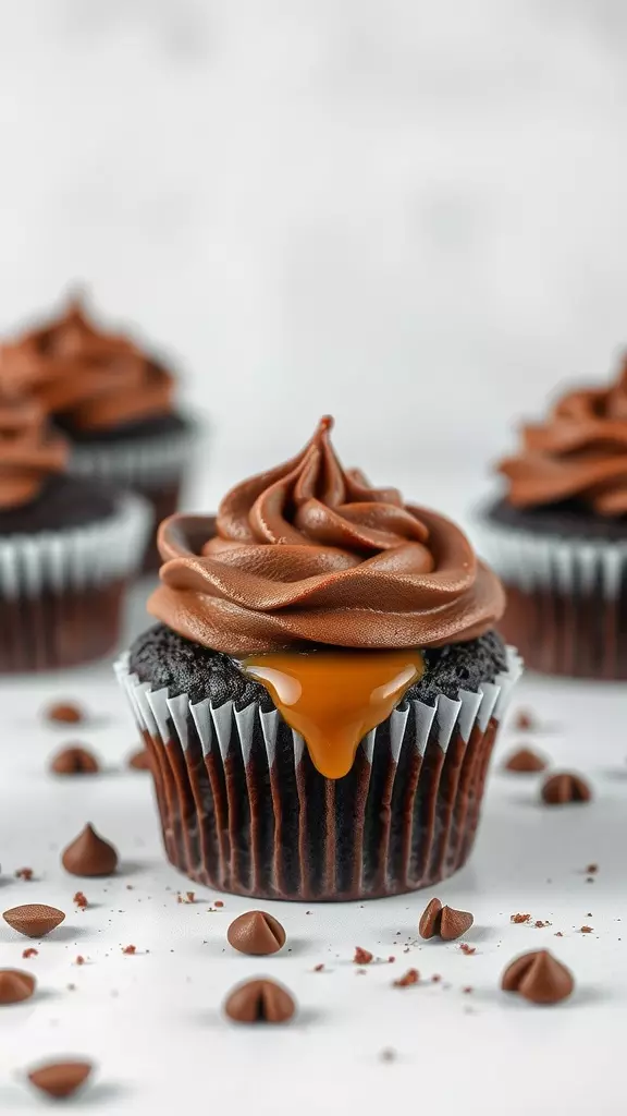 Three caramel chocolate cupcakes with a swirl of chocolate frosting and a drip of caramel.