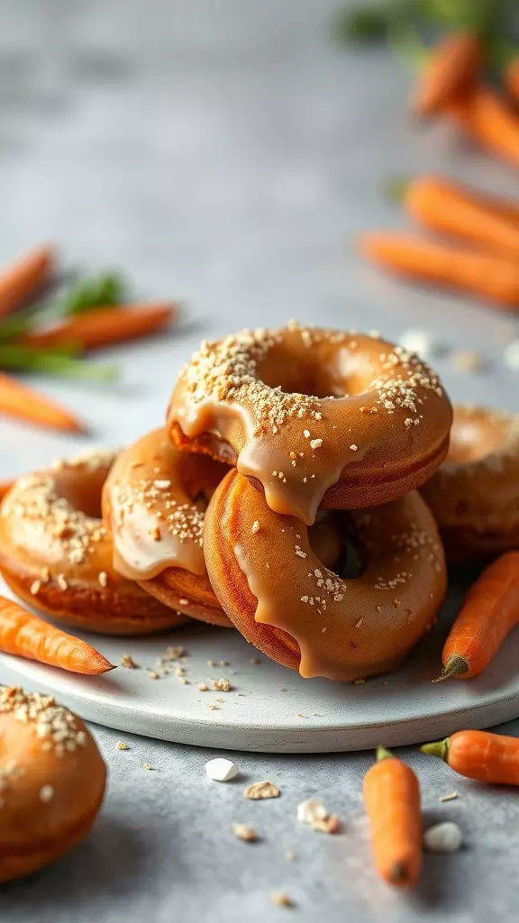 A close-up of carrot baked donuts topped with a sweet glaze, surrounded by fresh carrots.