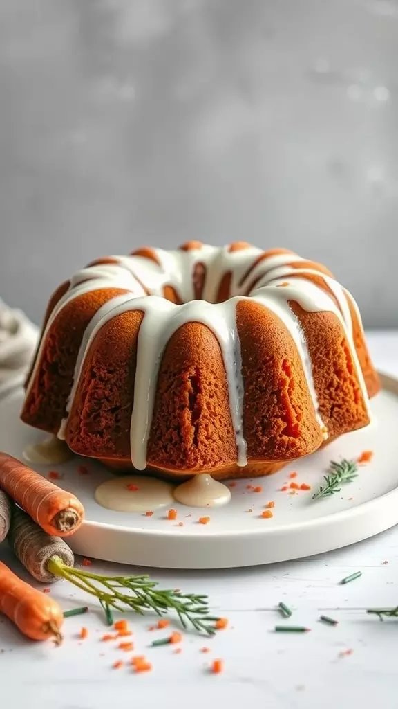 A deliciously baked carrot bundt cake with cream cheese drizzle on a plate.