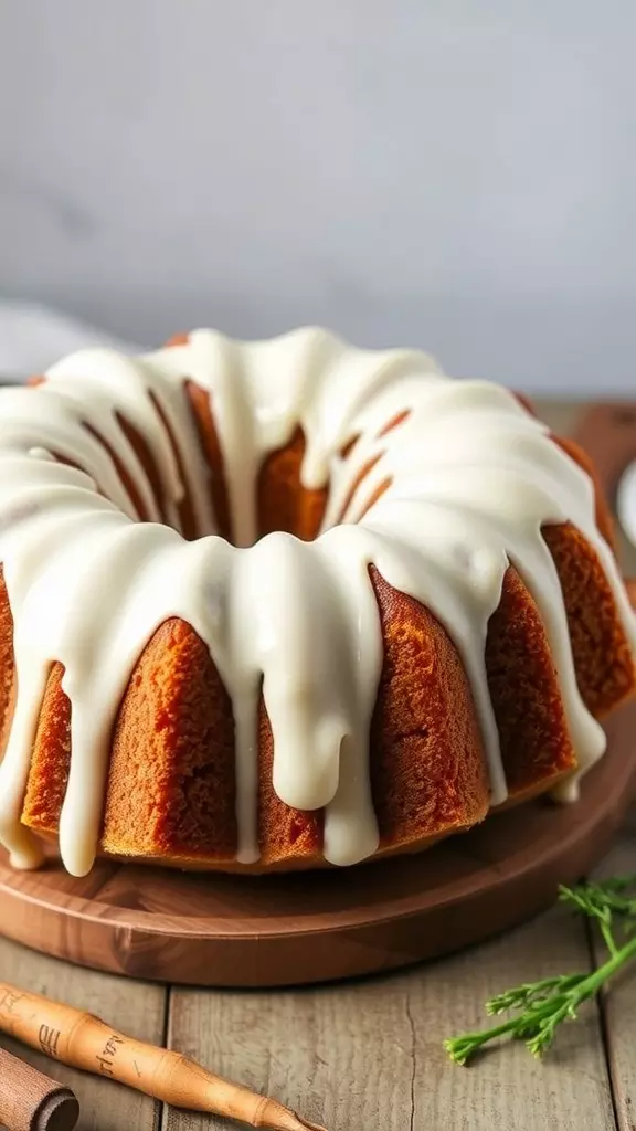 A delicious carrot bundt cake topped with cream cheese glaze, displayed on a wooden platter.