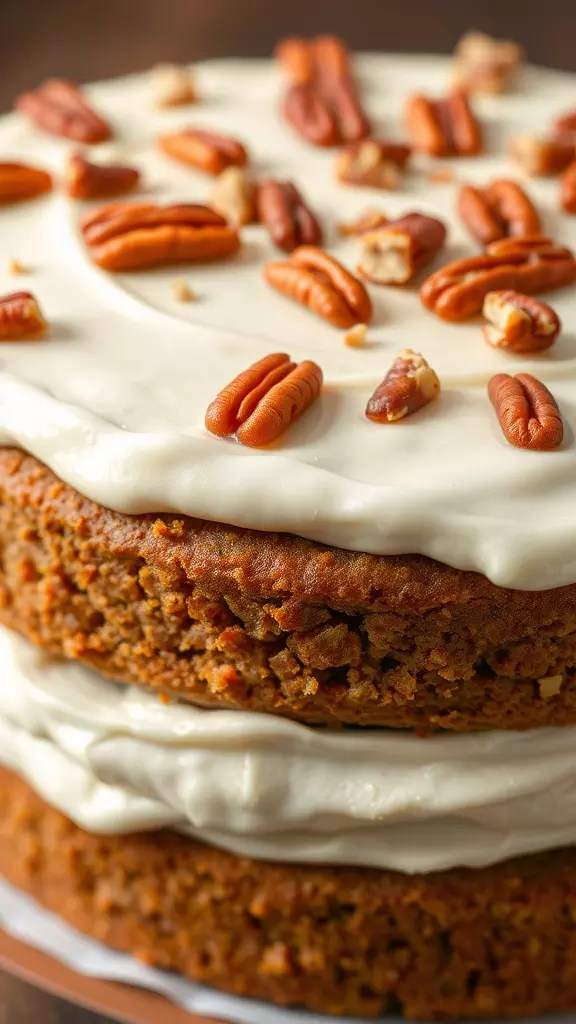 Close-up of a layered carrot cake topped with cream cheese frosting and pecans.