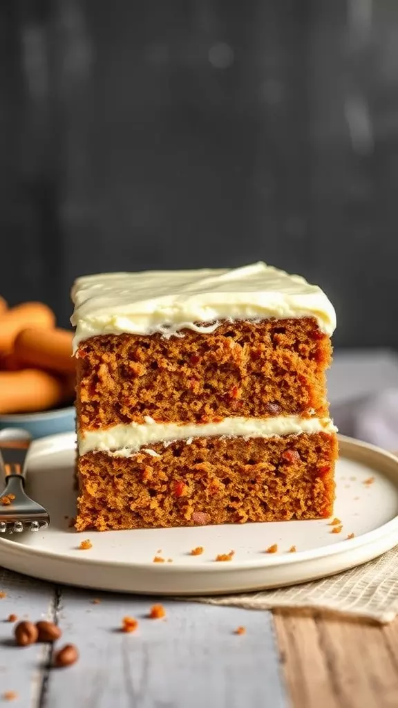 A slice of carrot cake with cream cheese frosting on a plate