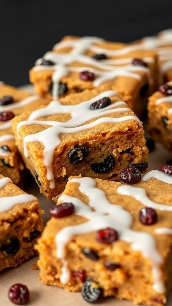 Delicious carrot cake bars drizzled with icing and topped with berries