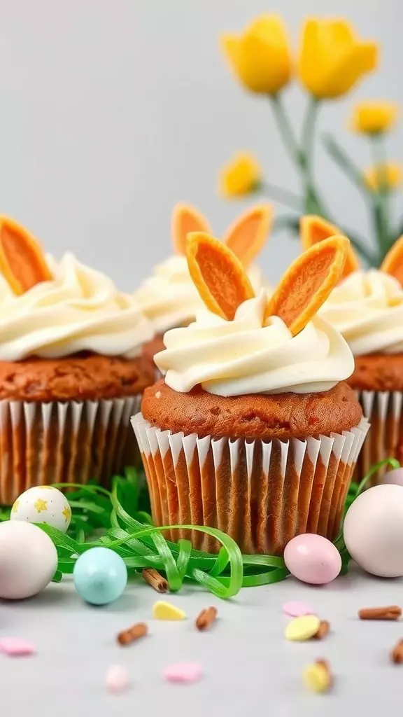 Carrot cake cupcakes decorated with bunny ears and surrounded by colorful Easter eggs.