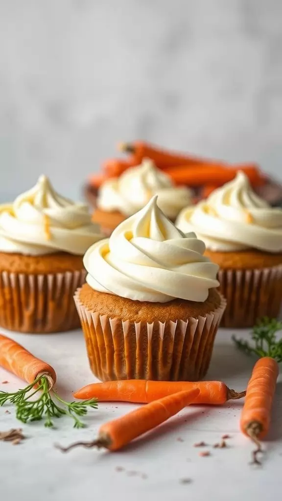 Carrot cake cupcakes with cream cheese frosting and fresh carrots