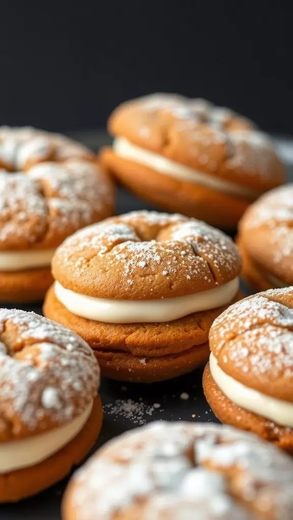 A close-up of carrot cake whoopie pies dusted with powdered sugar, showcasing the creamy filling.