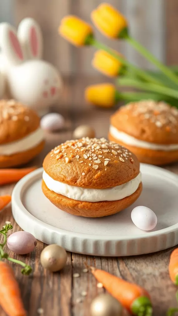 Carrot cake whoopie pies on a plate with Easter decorations