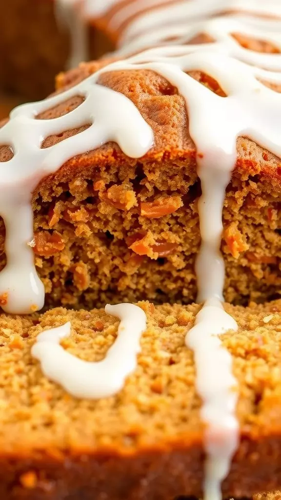 A close-up of a sliced carrot pound cake drizzled with icing.