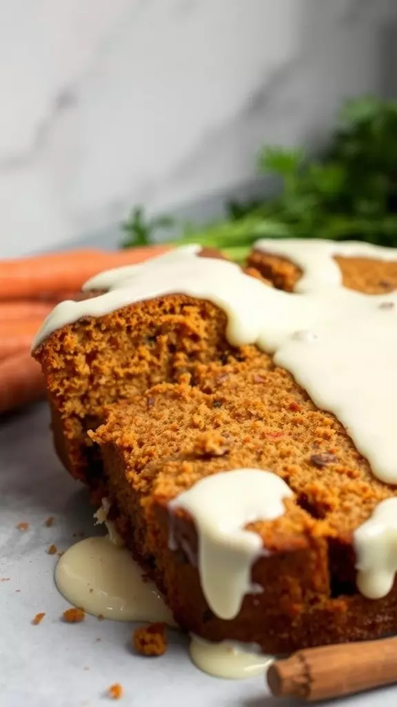 Delicious carrot pound cake with cream cheese glaze and cinnamon sticks