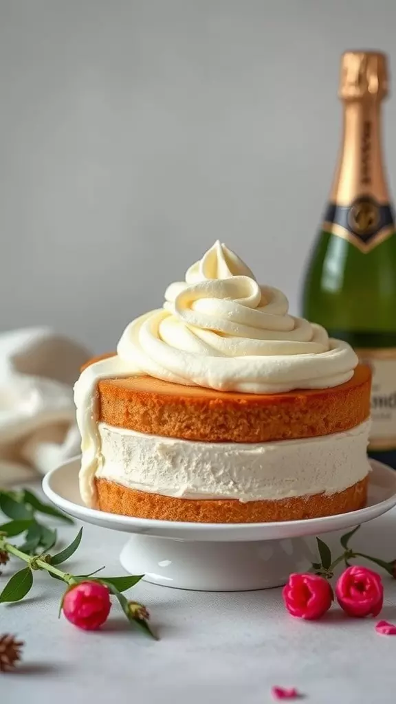 A beautifully decorated Champagne Cake with frosting, accompanied by a bottle of champagne and flowers.