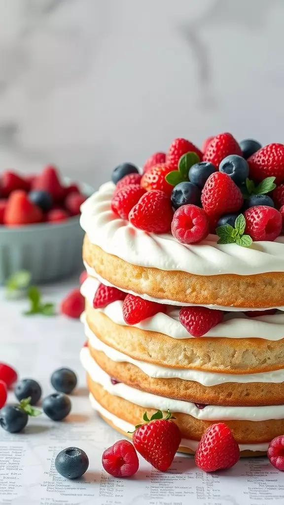 A beautiful layered Chantilly cake topped with fresh berries and mint leaves.