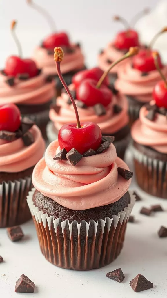 Delicious Cherry Garcia-inspired cupcakes topped with cherries and chocolate chips.