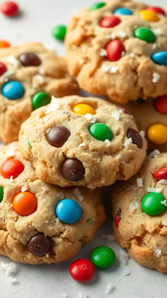 Chewy M&M Coconut Cookies with colorful M&Ms and shredded coconut