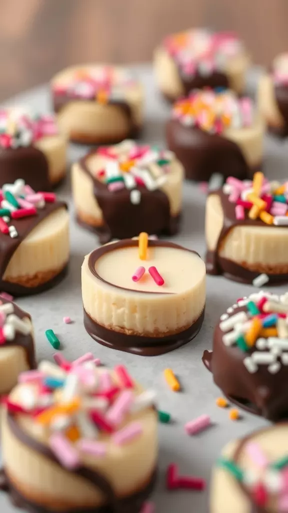 Chocolate-covered cheesecake bites decorated with colorful sprinkles on a platter.