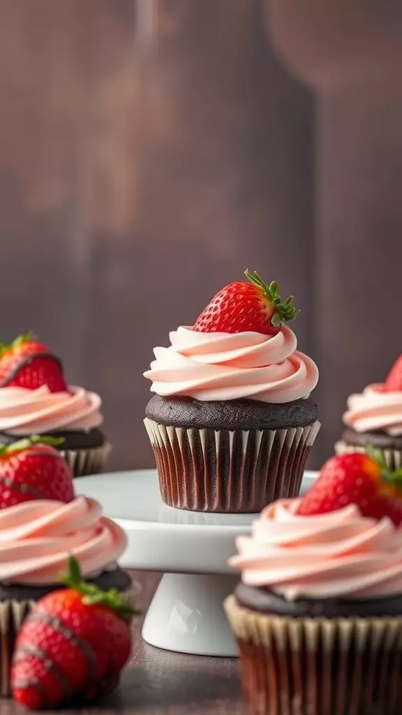 Delicious chocolate-covered strawberry cupcakes with pink frosting and fresh strawberries on top.