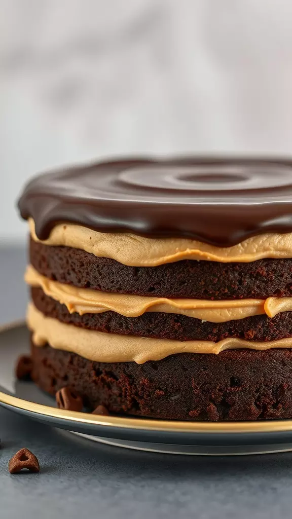 Layers of chocolate cake topped with peanut butter mousse and chocolate glaze