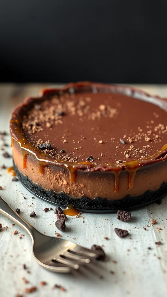 Close-up of a Chocolate Basque Burnt Cheesecake with berries and chocolate pieces