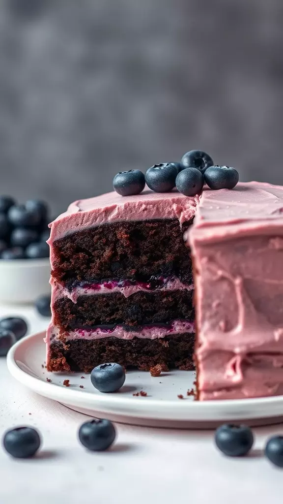 A slice of chocolate blueberry layer cake decorated with fresh blueberries