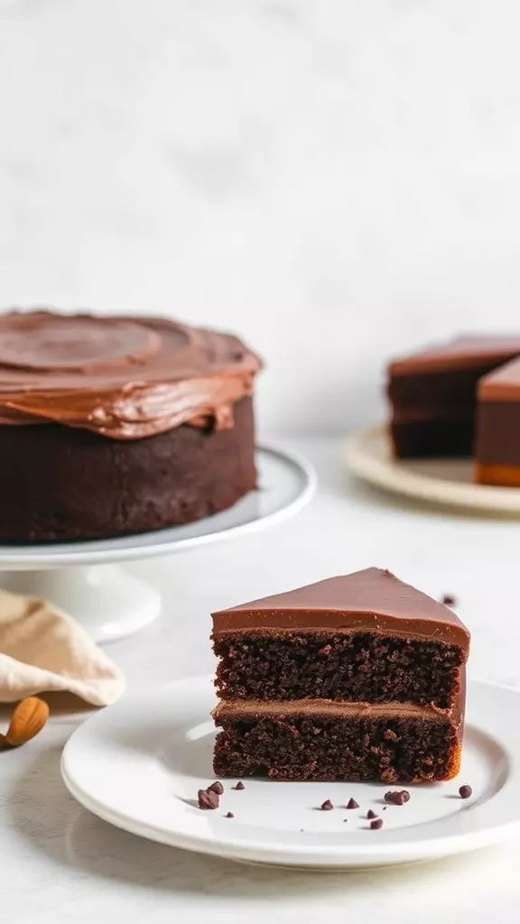 A slice of chocolate cake with almond flour on a white plate, showing moist layers and chocolate frosting.