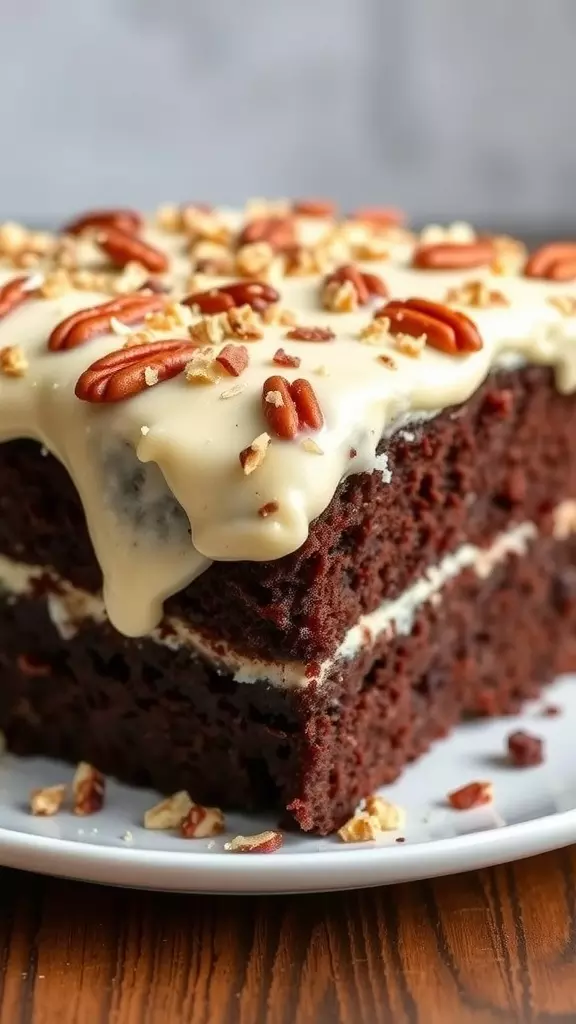 A close-up of a chocolate cake with coconut pecan frosting and pecans on top