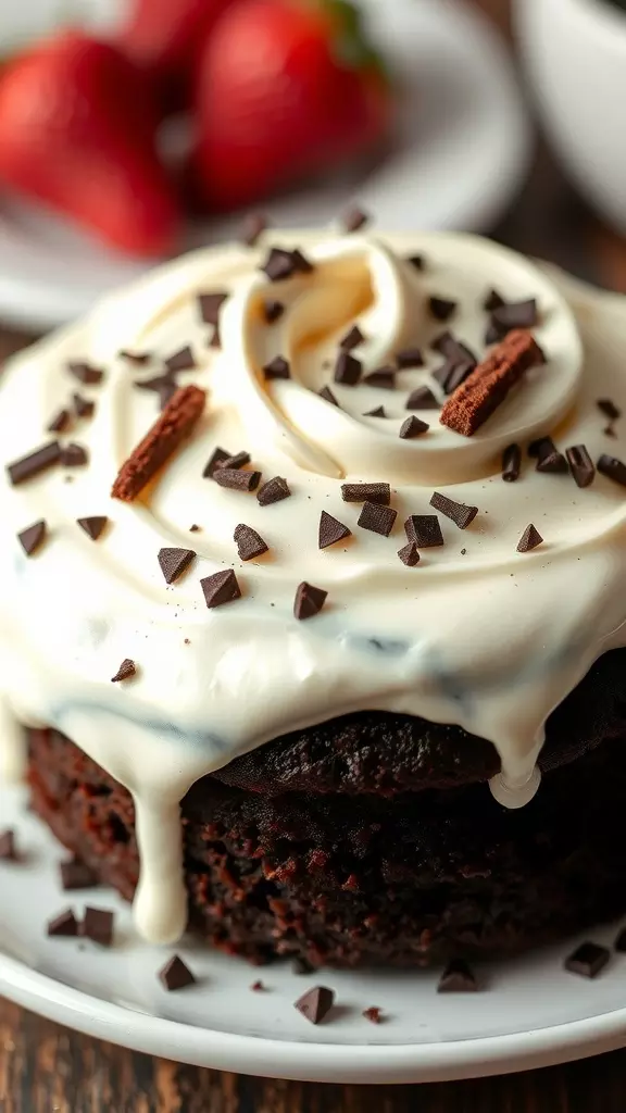 A delicious chocolate cake topped with cream cheese frosting and chocolate shavings.