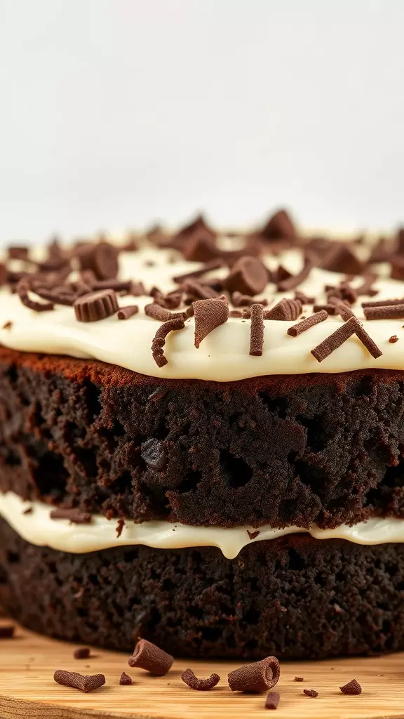 A close-up of a chocolate cake with cream cheese frosting topped with chocolate shavings.