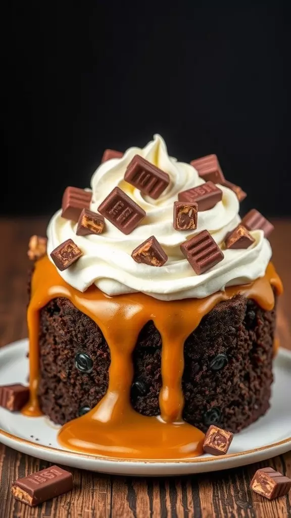 Chocolate Caramel Heath Bar Poke Cake topped with whipped cream and chocolate chunks